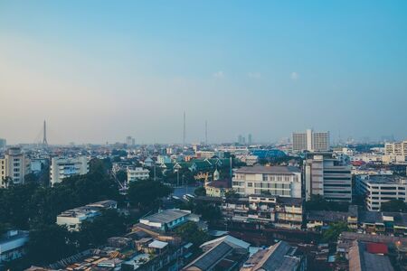 Bangkok cityscape with sky and horizontal line background from golden mountain Bangkok, Thailandの写真素材