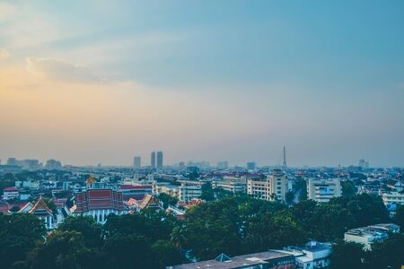 Bangkok cityscape with sky and horizontal line background from golden mountain Bangkok, Thailandの写真素材