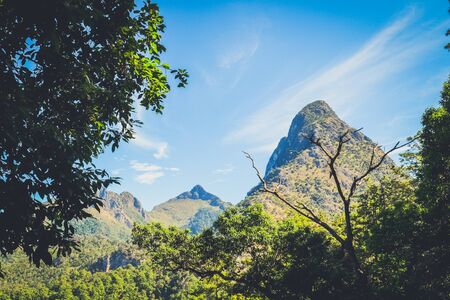 huge mountain with blue sky backgroundの写真素材