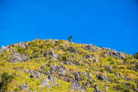 mountain hill with rocks  grasses and  clear blue sky backgroundの写真素材