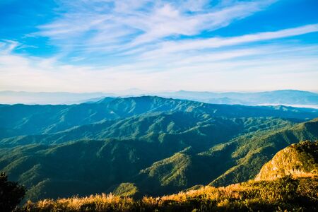 mountainscape in the morning with blue sky backgroundの写真素材