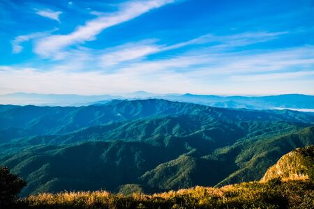mountainscape in the morning with blue sky backgroundの写真素材