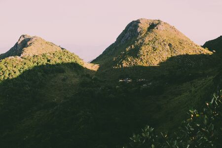 mountainscape in the morning with blue sky backgroundの写真素材