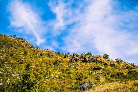 nature green hills with blue sky backgroundの写真素材