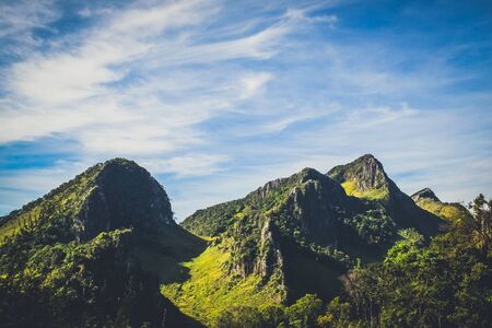 mountainscape in the morning with blue sky backgroundの写真素材