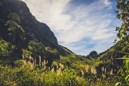 mountainscape in the morning with blue sky backgroundの写真素材