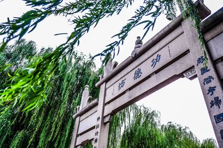 chinese arch with pine tree and sky backgroundの写真素材
