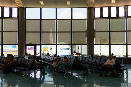 Waiting for the plane ,taiwan- September 29 ,2017: Many tourists wait for the plane at the airportのeditorial素材