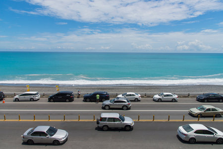 Seaside road:Taitung, Taiwan -August 20 ,2018:Many cars drive on the seaside roadのeditorial素材