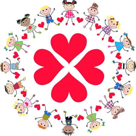mixed colored kids around four heartsのイラスト素材