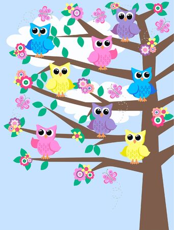 colorful owls sitting in a treeのイラスト素材