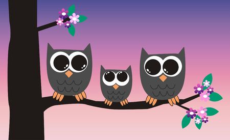 a cute little owl familyのイラスト素材
