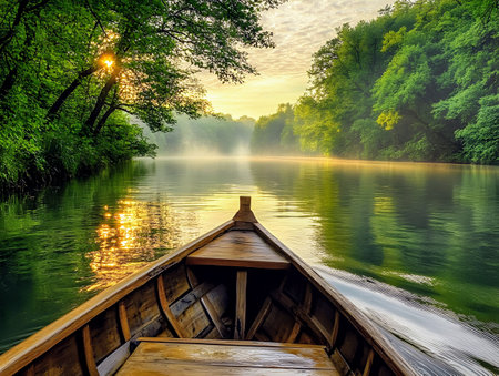 Wooden boat on the lake in the forest at sunrise. Beautiful summer landscape.の素材