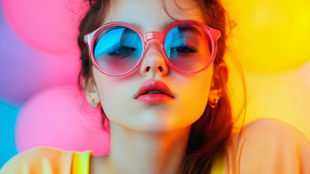 Portrait of a beautiful girl in sunglasses with balloons in the studio.の素材