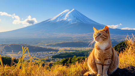 Red cat sitting on the top of Mount Fuji in Kawaguchiko, Japanの素材