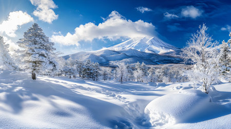 Beautiful winter landscape of mountain fuji with snow covered trees and blue skyの素材