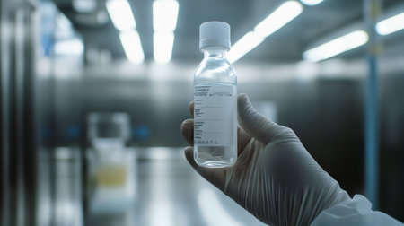 Scientist holding a bottle of vaccine in laboratory, science research and development conceptの素材