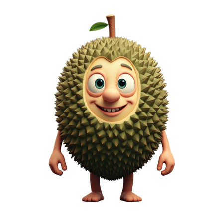 3d rendered illustration of durian cartoon character with happy expression on white backgroundの素材
