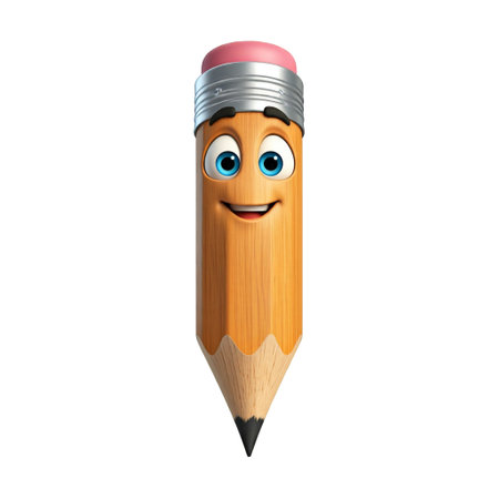 Cartoon pencil character with pink eraser isolated on white background. 3d illustrationの素材