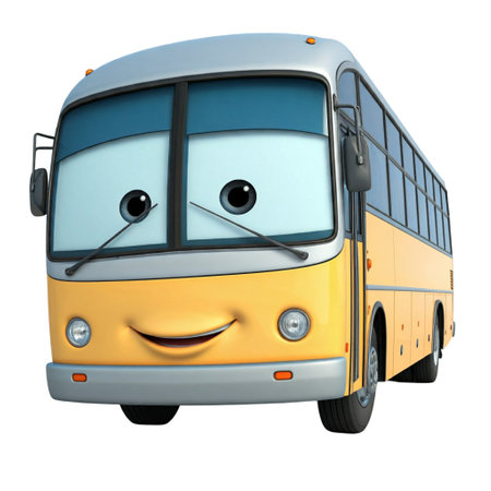 Cartoon bus with a smiley face - 3D Illustrationの素材