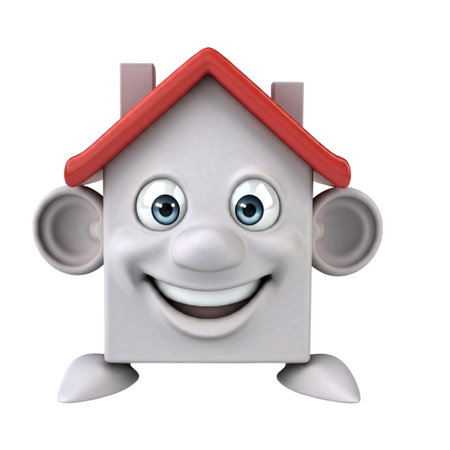 Cartoon character of house with smiley face - 3D illustrationの素材
