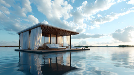 3d rendering of a beautiful villa on the lake at sunsetの素材