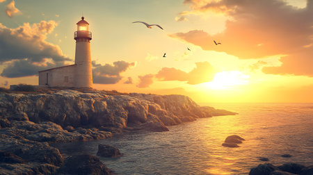 Lighthouse in the sea at sunset. 3d rendering and illustration.の素材