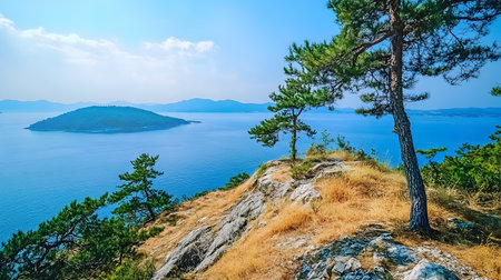 Pine trees on the edge of the cliff. Panoramic view of the sea and mountains.の素材