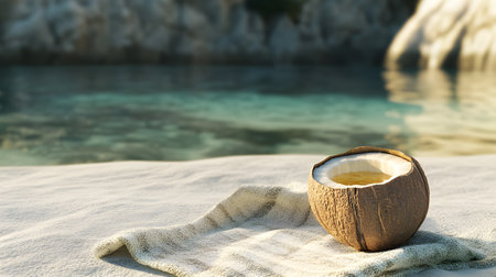 Coconut on white sand on the background of turquoise seaの素材