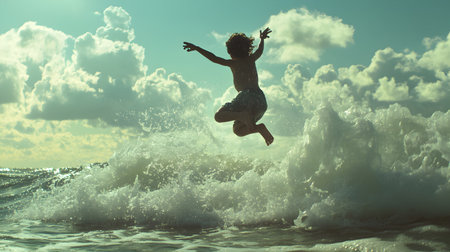 Girl jumping in the sea on a background of blue sky with cloudsの素材