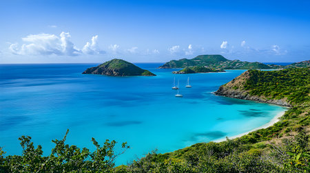 Panoramic view of the turquoise sea and islands in the distanceの素材