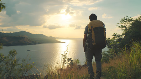 young woman backpacker hiking on seaside mountain peak cliff at sunsetの素材