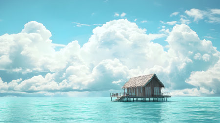 Wooden house in the sea with blue sky background. 3d renderingの素材