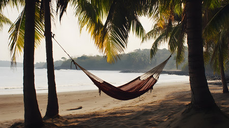 Hammock on the beach with palm trees and sea in backgroundの素材