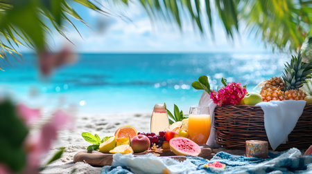Summer picnic on tropical beach. Basket with fresh fruits, juice and juice.の素材