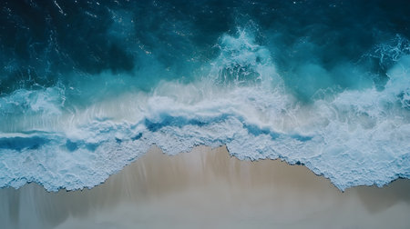 Aerial view of a beautiful sandy beach with turquoise ocean wavesの素材