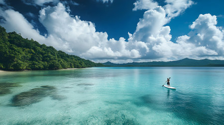Aerial view of a woman standing on a stand up paddle board on a tropical beachの素材