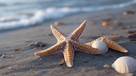 Starfish on the beach with sea shells in the background. Selective focus.の素材