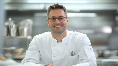 Portrait of a smiling male chef looking at the camera in a commercial kitchenの素材