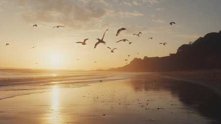 Flock of seagulls flying over the beach at sunsetの素材