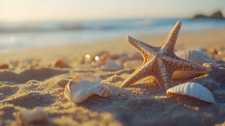 Starfish and seashells on the beach at sunset. Selective focus.の素材