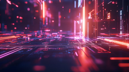 3d rendering. Futuristic technology background with glowing lines and bokeh.の素材