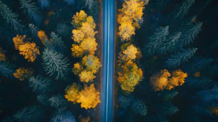 Aerial view of road in autumn forest. Top view from droneの素材
