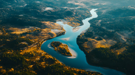 Aerial view of a small river in the Altai mountains.の素材