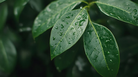 Raindrops on green leaves after rain. Raindrops on green leaves after rain. Raindrops on green leaves after rain.の素材