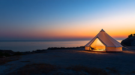 Camping on the beach at sunset with a tent in the foregroundの素材