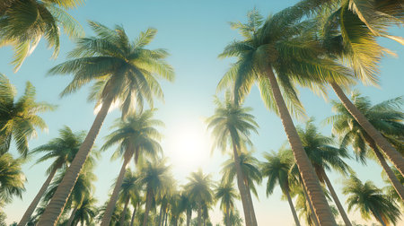 Coconut palm trees on blue sky background. Vintage tone.の素材