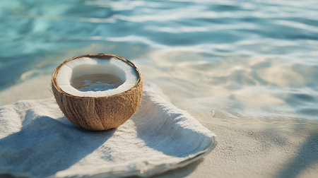 Coconut on a towel at the edge of a swimming poolの素材