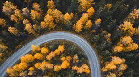 Aerial view of the road through the autumn forest. Drone photographyの素材