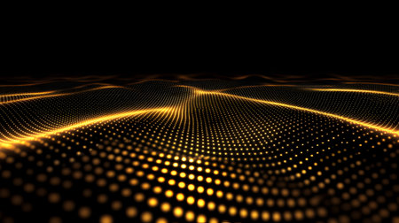 3d render of abstract technology digital wave with glowing particles on dark backgroundの素材